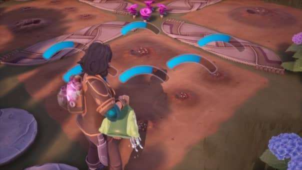 A detailed moment from the Palia review, showing a player watering plants with the water gauge displayed.