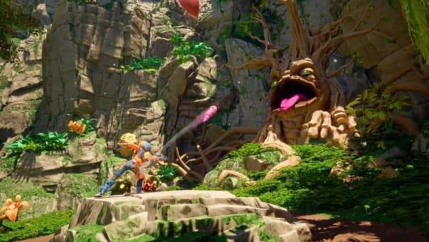 Your character feeding the giant tree character to open up the doorway in the Revenge of the Savage Planet review.
