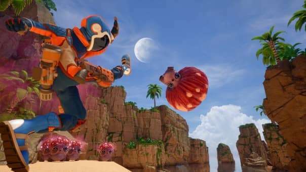 Your character kicking a mushroom enemy into the air in the Revenge of the Savage Planet review, showcasing dynamic combat.