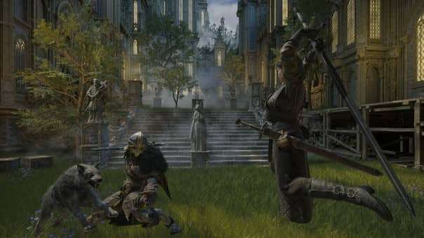 Rise of Rebellion Review – A powerful aerial attack unfolds as the protagonist strikes from above in dynamic combat action.