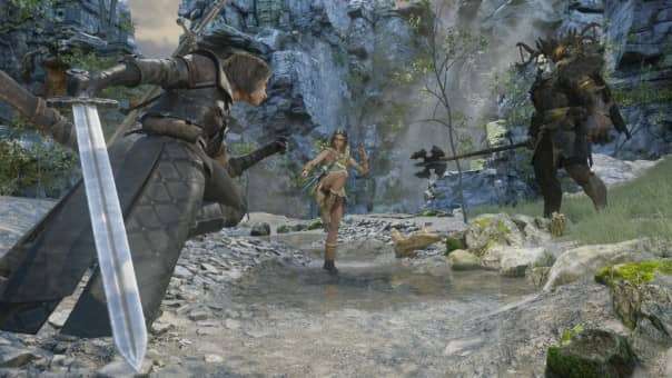 Rise of Rebellion Review – A fearless warrior charges into battle against a towering armored enemy in an intense combat encounter.