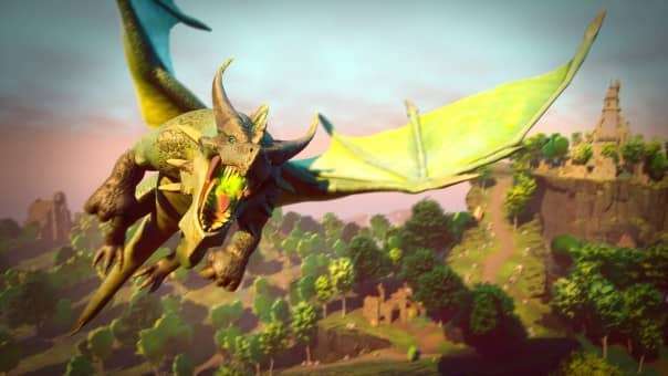 RuneScape: Dragonwilds review – A massive dragon glides over Ashenfall, showcasing breathtaking landscapes and dynamic world design.