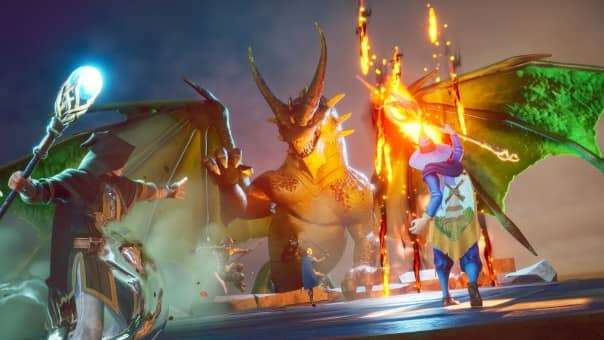 RuneScape: Dragonwilds review – Facing a towering dragon with a wizard in Ashenfall, highlighting intense battles and strategy.