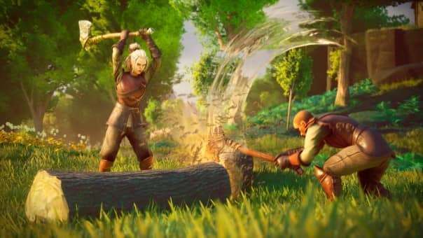 RuneScape: Dragonwilds review – Gathering wood from a fallen tree in Ashenfall with a friend, highlighting resource mechanics.