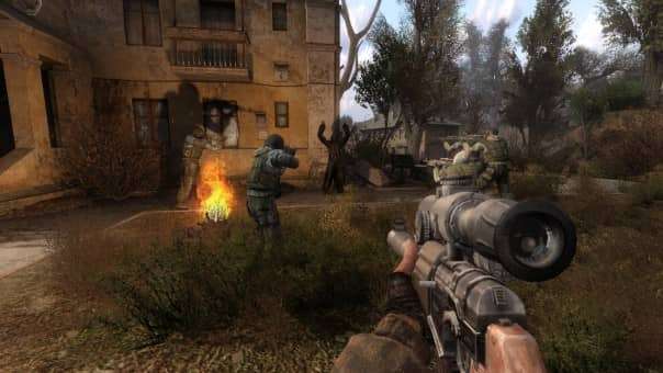 A tense moment in the S.T.A.L.K.E.R.: Legends of the Zone Trilogy review, as soldiers detain a fugitive in an urban setting.