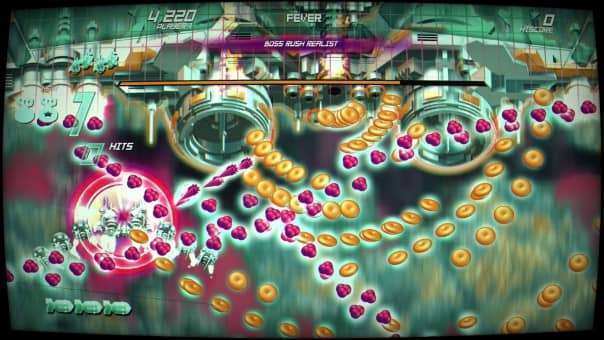 A high-stakes boss fight showcased in the SHINORUBI review, featuring intense bullet patterns and explosive action.