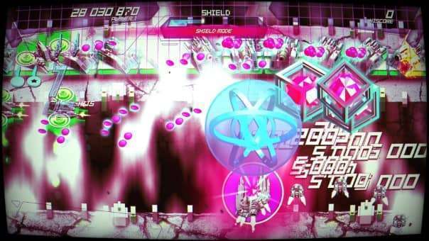 A chaotic pink bullet battle in the SHINORUBI review, with score multipliers popping up as players dodge relentless enemy fire.