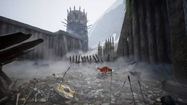 A haunting scene in the Spirit of the North 2 review, as the fox carefully climbs through an ancient battlefield littered with skeletons.