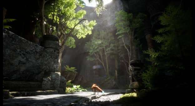 A mesmerizing scene in the Spirit of the North 2 review, as the fox explores a cave bathed in golden sunlight from above.