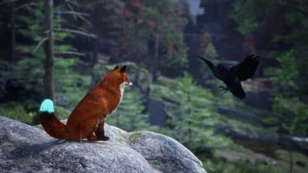 A serene moment in the Spirit of the North 2 review, as the fox and crow meet atop a rock surrounded by lush forest.