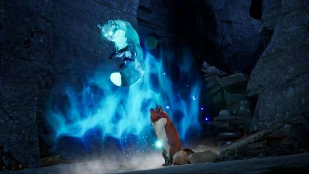 A mystical moment in the Spirit of the North 2 review, as the fox gracefully merges with its ethereal soul form.