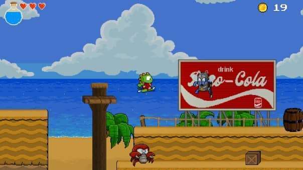 Vibrant beach level in Dinopunk: the Cacops adventure review, featuring sandy shores, crashing waves, and a towering cola billboard under the sun.