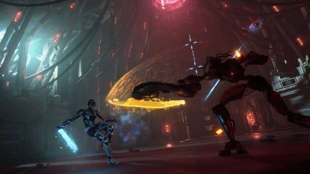 Steel Seed Review combat image of a player dodging enemy projectiles in a high-intensity battle sequence.