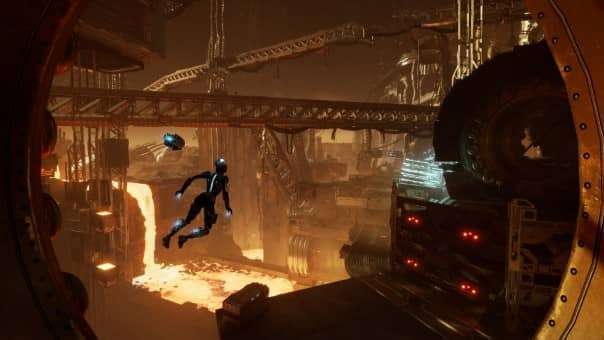 Steel Seed Review action shot of the player using jets to soar across a vast sci-fi ravine in dynamic traversal.