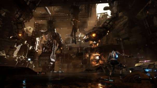 Steel Seed Review image showcasing the game’s breathtaking sci-fi world with detailed environments and immersive lighting.