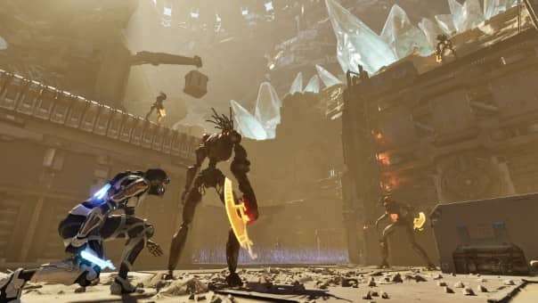 Steel Seed Review gameplay image of a player stealthing behind an enemy in a futuristic cybernetic world.
