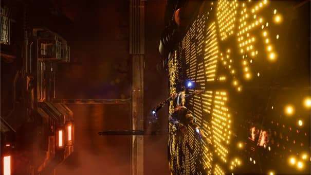 Steel Seed Review gameplay image of a player wall-running along a sci-fi structure with smooth parkour mechanics.