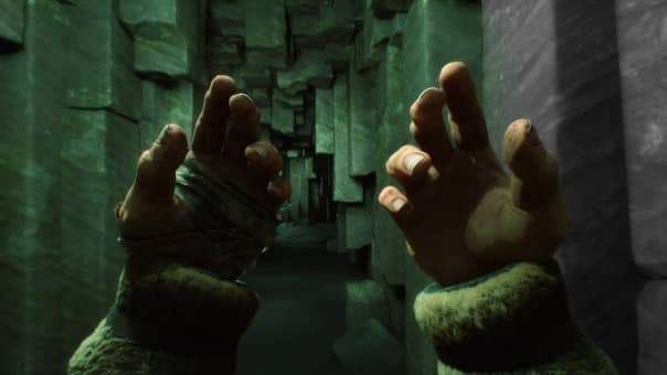 Stygian: Outer Gods Preview game review—AI gazes at its hands, questioning reality, mirroring the game's cosmic horror themes and existential unease.