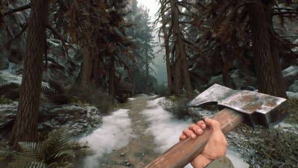 Stygian: Outer Gods Preview game review—AI grips an axe, standing at the edge of a shadowy forest, ready to face the unknown horrors lurking within.