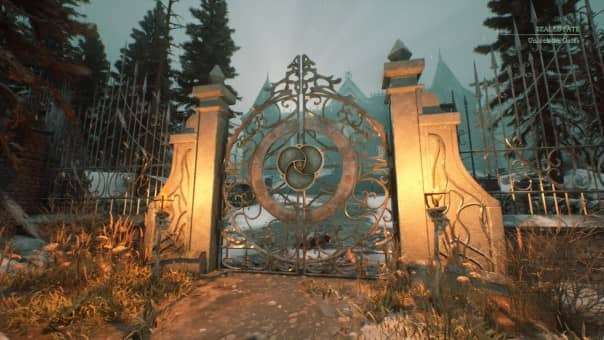 Stygian: Outer Gods Preview game review—an ominous mansion gate with an intricate, otherworldly lock system, shrouded in mystery and cosmic horror.