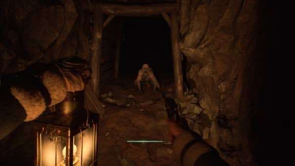 Stygian: Outer Gods Preview game review—AI stands in a cramped mining tunnel, lantern flickering, facing a sinister enemy lurking in the shadows.