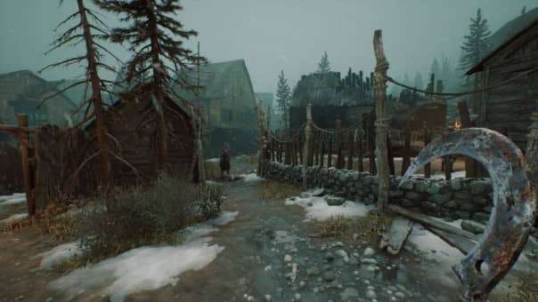 Stygian: Outer Gods Preview game review—AI stands in a desolate village, gripping a sickle, locked in a tense standoff with an ominous enemy.