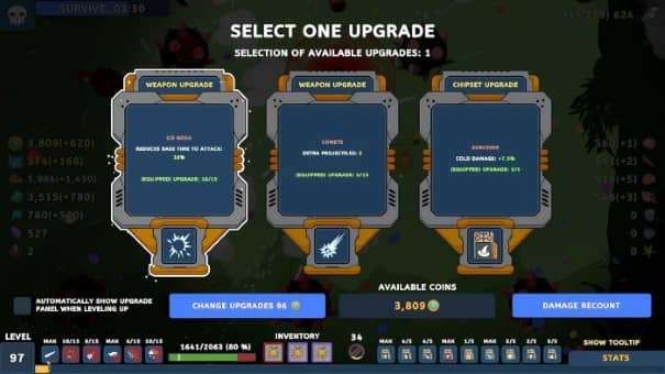 A level-up screen from the Submarine Survivor review, showcasing upgrade choices for submarine customization.