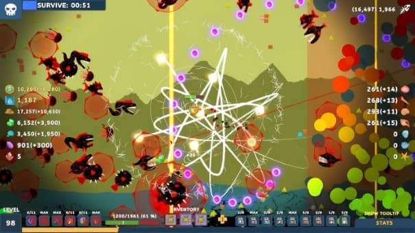 A chaotic in-game battle from the Submarine Survivor review, featuring waves of enemies and devastating special attacks.