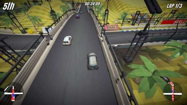 A thrilling moment from the Super Engine GT Turbo Spec review, showcasing cars speeding across a bridge in a high-stakes race.