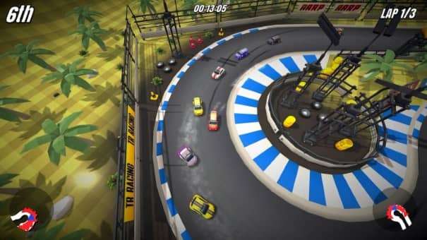 An aerial view from the Super Engine GT Turbo Spec review, showcasing cars navigating a tight chicane at high speed.