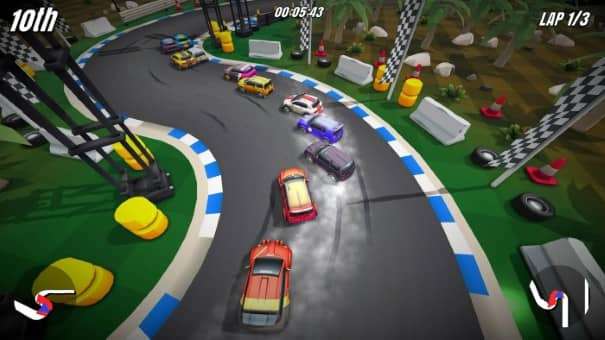 A dramatic moment from the Super Engine GT Turbo Spec review, showcasing multiple cars skidding into a tight corner at high speed.