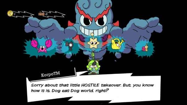 A tense exchange between the main character and the big bad in the Super Farming Boy review, setting up a dramatic showdown.