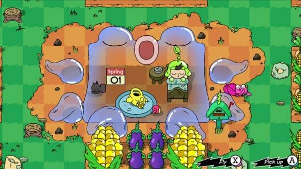 The main character resting in bed in the Super Farming Boy review, waiting for the new day to begin.