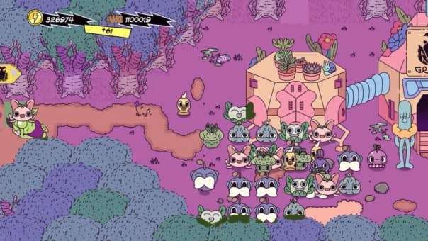 A lively shop scene from the Super Farming Boy review, with seeds waiting outside to follow the player home.