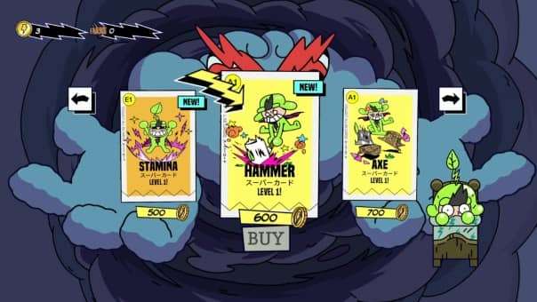 Upgrade cards selection screen from the Super Farming Boy review, showcasing key choices when leveling up.