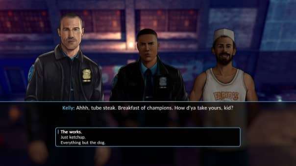 A dramatic conversation unfolds in The Precinct review, showcasing key characters engaged in tense cutscene dialogue.