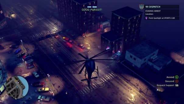A tense aerial pursuit in The Precinct review, as the pilot scans the dark cityscape for fleeing suspects.