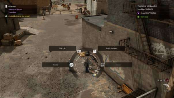 A detailed look at the radial menu in The Precinct review, showcasing its intuitive interface for managing police actions.