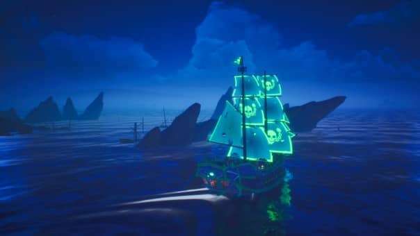 A striking ship from the Trident's Tale review, featuring eerie glow-in-the-dark sails against the moonlit ocean.