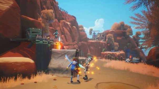 An intense battle scene from the Trident's Tale review, featuring the main character clashing with a skeleton on a sandy shore.