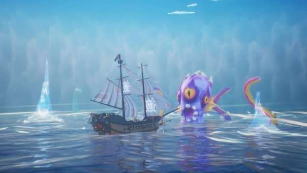 A thrilling naval battle from the Trident's Tale review, where a pirate ship clashes with a monstrous giant octopus in the open sea.