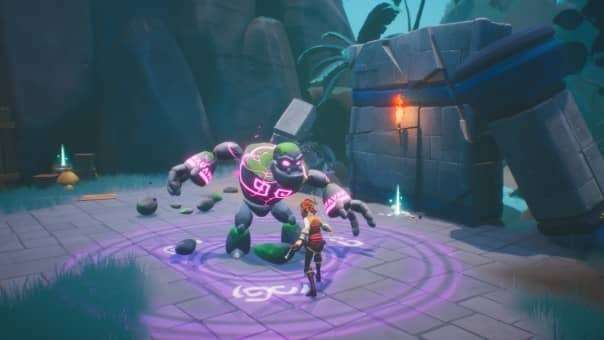 A fierce showdown from the Trident's Tale review, where the main character takes on a towering rock golem in an intense fight.