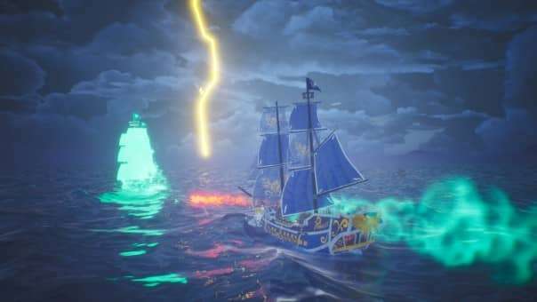 A dramatic naval battle from the Trident's Tale review, featuring a ship pursuing a ghostly vessel through a raging storm at night.