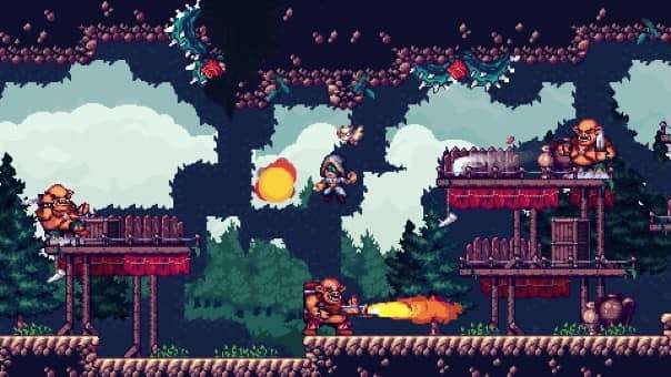 A high-intensity combat scene from the Wings of Endless review, featuring a screen full of enemies wielding flame throwers.