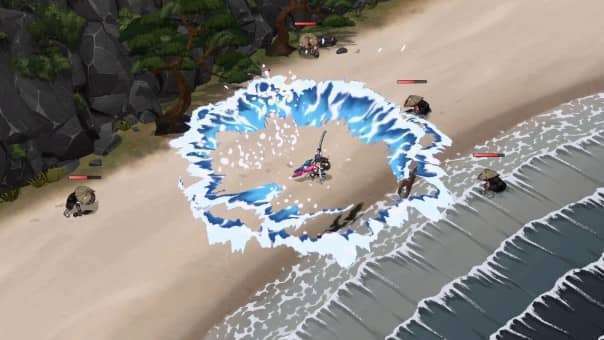 A dynamic beach battle from the Yasha: Legends of the Demon Blade review, showcasing intense swordplay.
