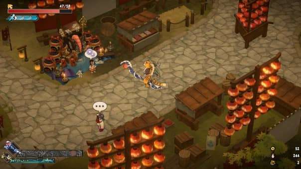 A tense standoff in a bustling town from the Yasha: Legends of the Demon Blade review, highlighting dynamic combat.