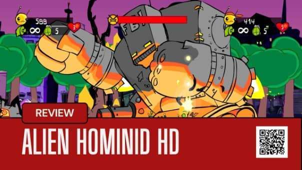 The alien protagonist from Alien Hominid HD battles a towering boss robot in a frantic side-scrolling showdown.