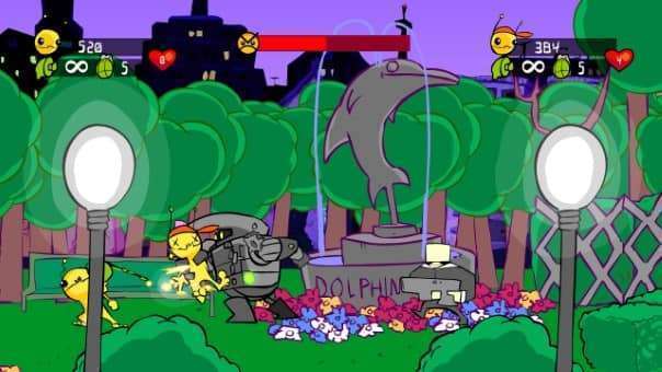 Two-player co-op chaos in Alien Hominid HD as one alien is downed while the other battles the relentless FBI robot boss.