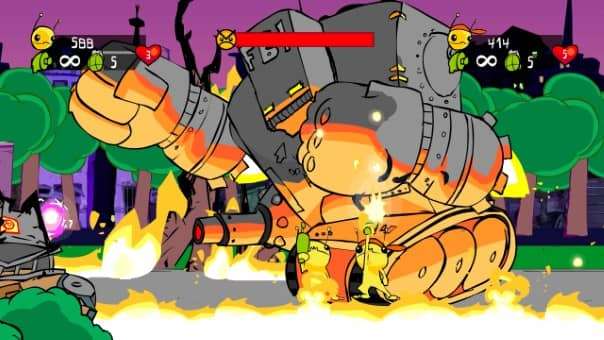 Alien Hominid HD’s alien hero unleashes chaos during a massive boss battle against an FBI-labeled robot under heavy fire.
