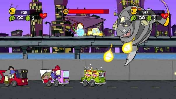 Alien Hominid HD features a wild stage where the alien leaps across speeding cars in a high-octane platforming sequence.